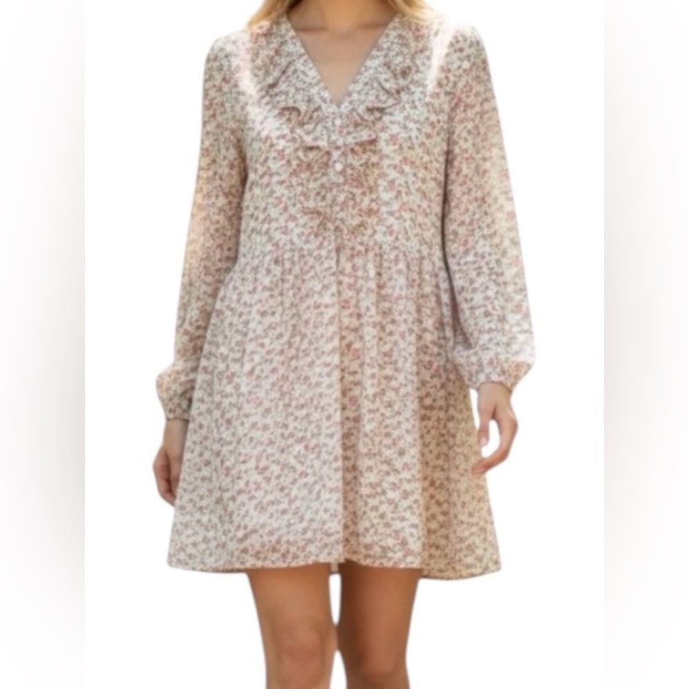 Dress Forum Cream & Roses Flowy Babydoll Girlhood Core Long Sleeve Mini S
